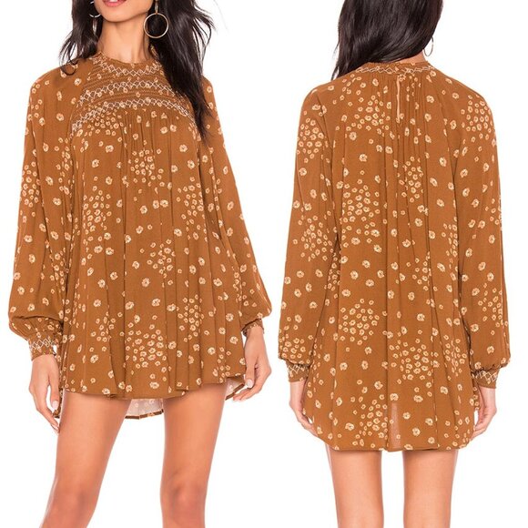 Free People Flowers In Her Hair Brown Boho Tunic Longline S Smocked Ditsy $118 - Picture 2 of 16